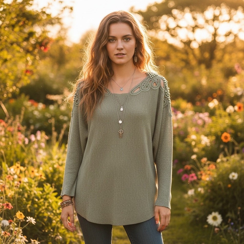 Ember S Sweater Green Crochet Lace Cut Out Pearls Cottage Boho Whimsy‎ Coquette